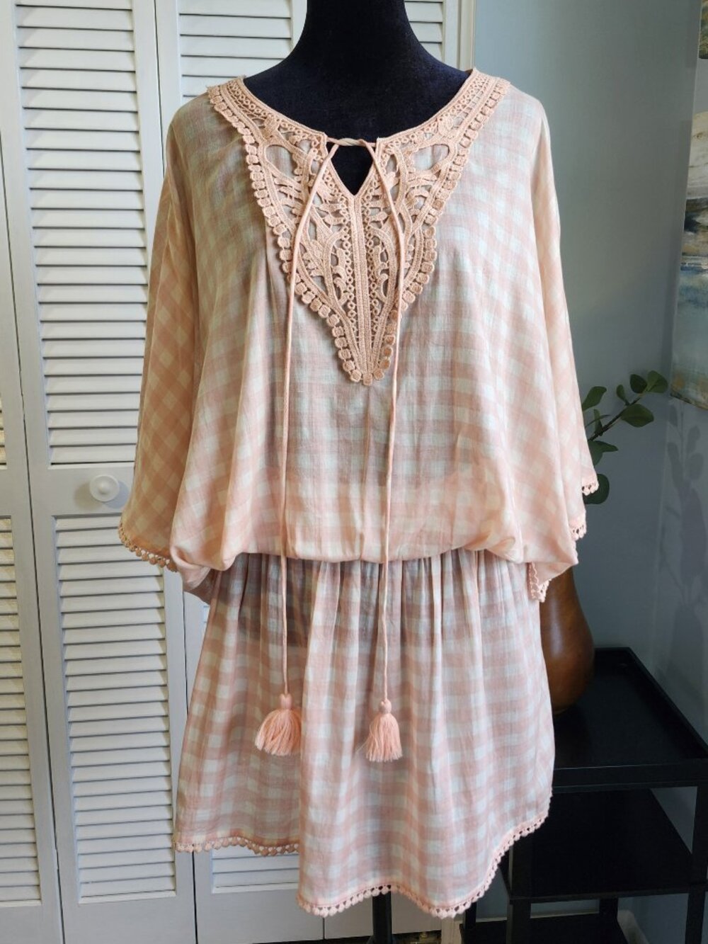 Shiraleah Boutique Gingham Cover Up Pink NWT $85 Embroidered One Size Fits Most